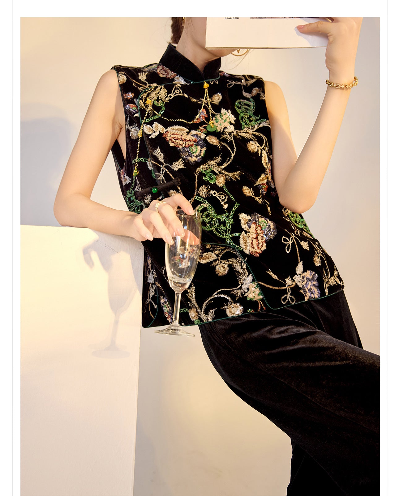 Elegant Velvet Floral Sequin Vest – High-End Women's Fashion