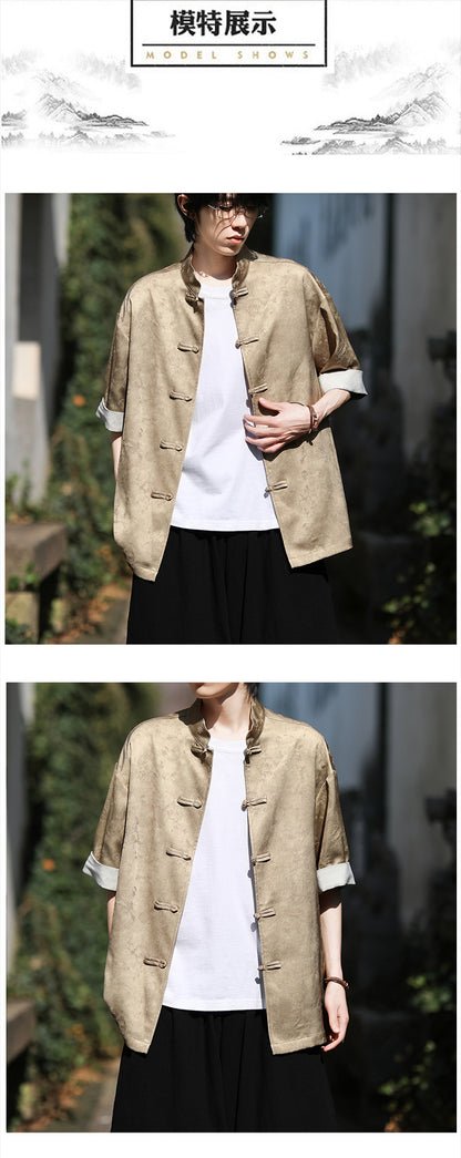 Summer Chinese Tang Suit Shirt Mens Stand Collar Short Sleeve Hanfu