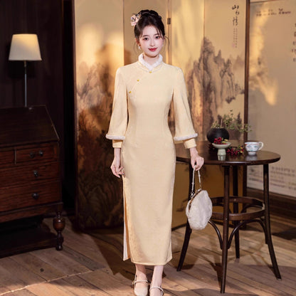 Elegant Yellow Winter Cheongsam – High-End Warm Daily Style