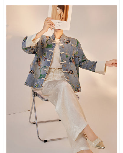 Blue Sequin Embroidered Denim Jacket High-End New Chinese Style