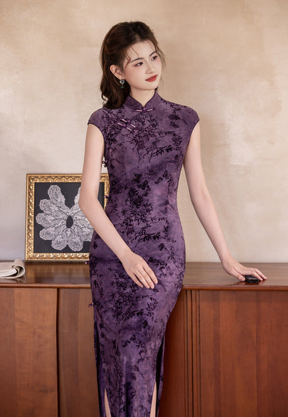 Autumn Elegant Cheongsam – Purple Retro Crescent Sleeve Dress