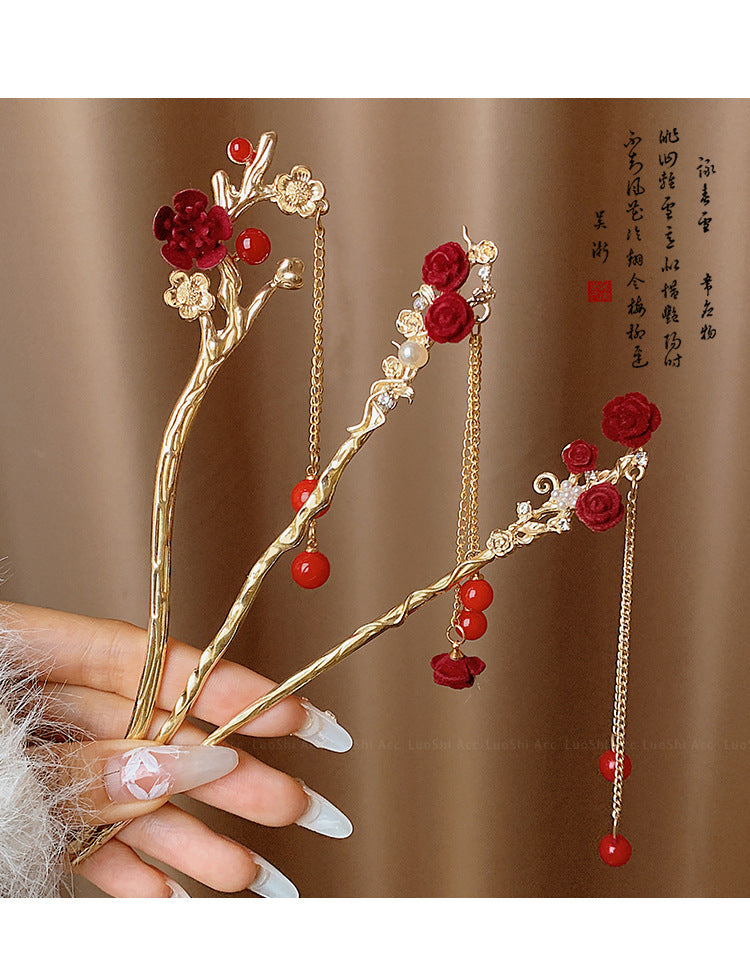 Velvet Rose Hairpin | Elegant Chinese Style Ancient Tassel Ornament
