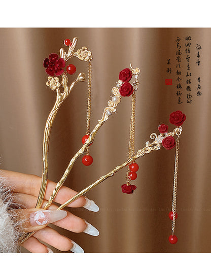 Velvet Rose Hairpin | Elegant Chinese Style Ancient Tassel Ornament