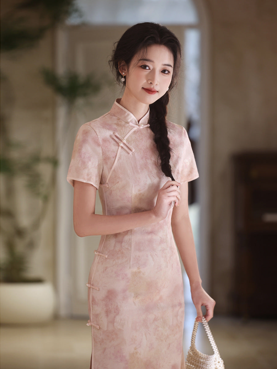 National Style Long Cheongsam – Elegant Short Sleeve Dress