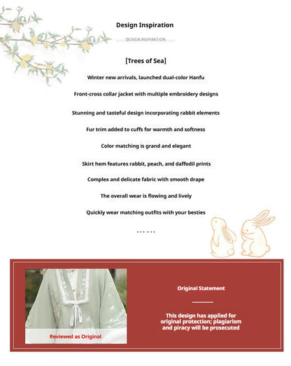 Trees of Sea Women Ming Hanfu Set: Fleece Lined Embroidered Collared Jacket & Horse Face Skirt New Year Outfit