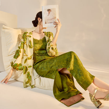 Velvet Burnout Jacket & Printed Cardigan Dress Set for Autumn