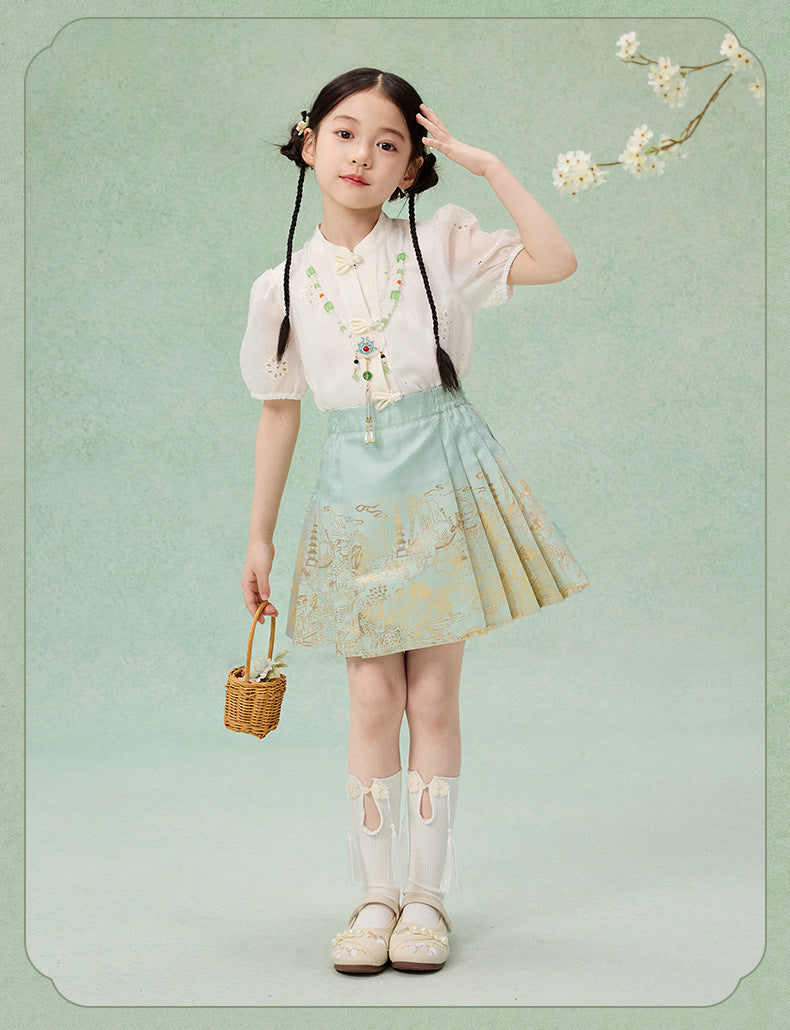 Girls Summer Hanfu Set — Short Sleeve Shirt & Mamian Skirt Two-Piece