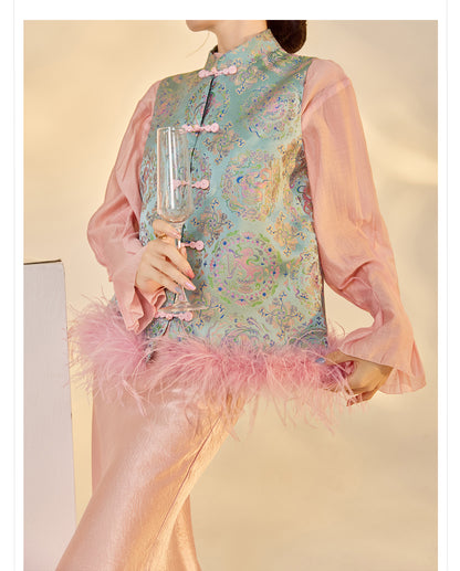 Ostrich Feather Detachable Vest – Elegant New Chinese Style Top