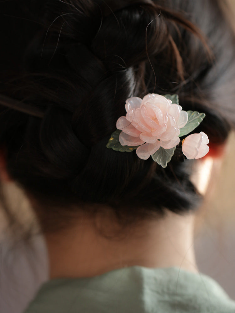 Hanfu Cheongsam Hairpin Pink Peony Forest Style Sweet Hair Accessory