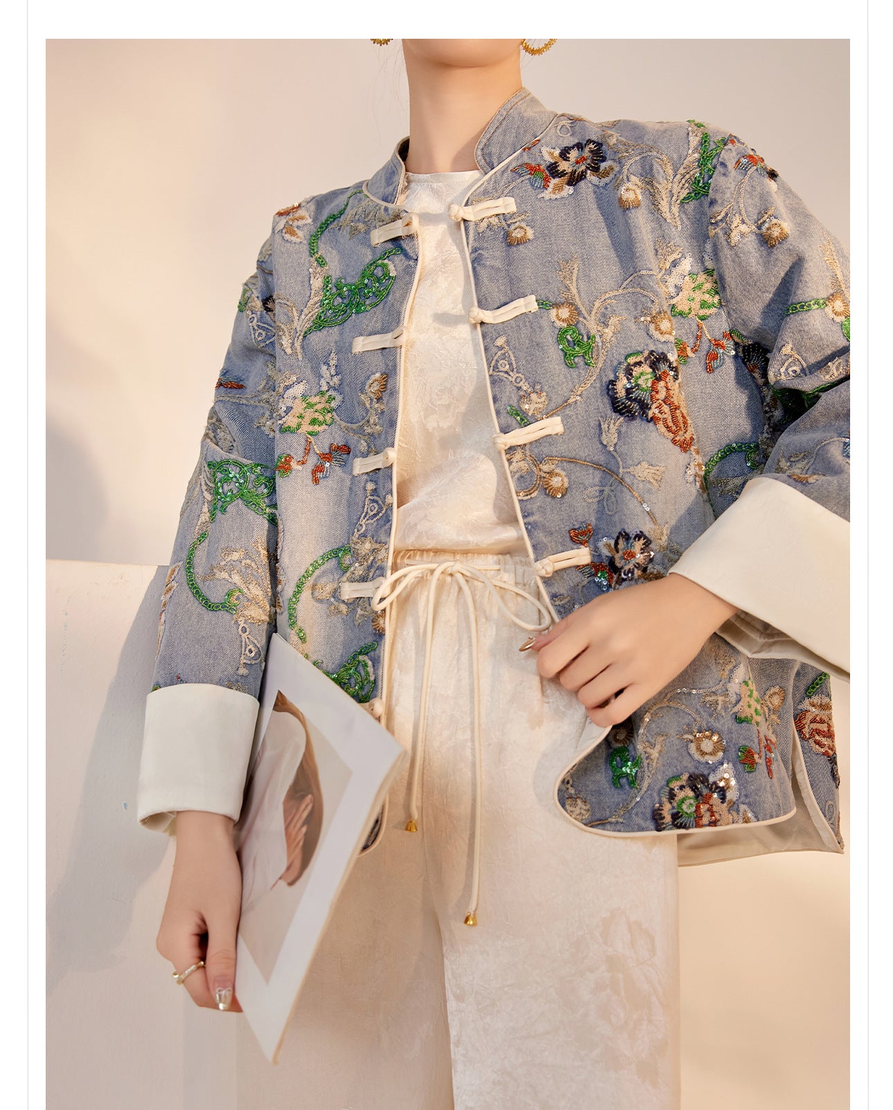 Blue Sequin Embroidered Denim Jacket High-End New Chinese Style
