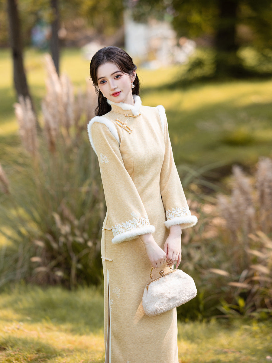 Long Sleeve Crystal Velvet Qipao | Winter Thickened Fleece Lined Dress