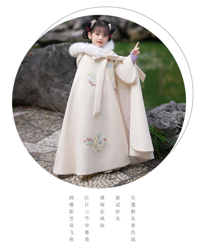 Girls' Winter Hanfu Cloak with Fur Collar Hooded Fairy Cape