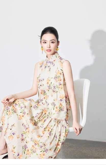 High-End Linen Sleeveless Button Top & Slimming Skirt for Women