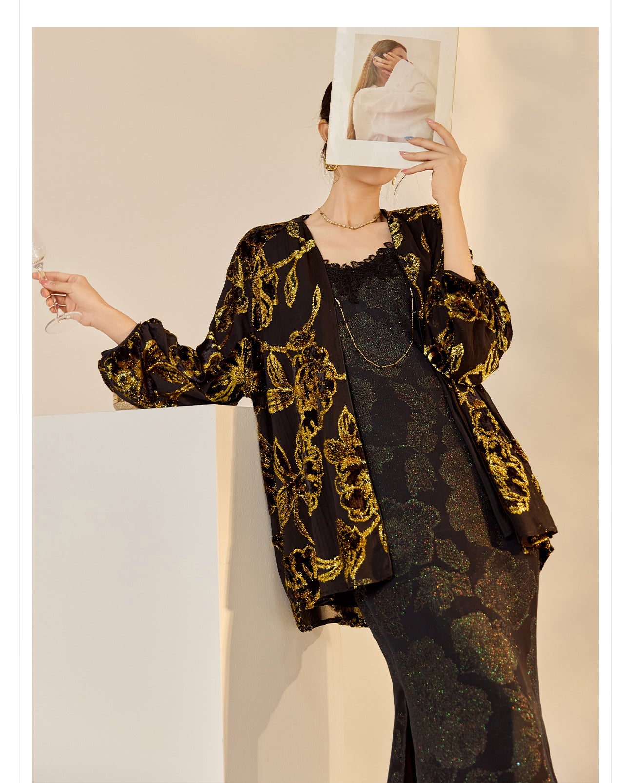 Velvet Burnout Jacket & Printed Cardigan Dress Set for Autumn