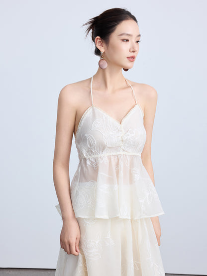 Chinese Style Lace Halter Neck Slim Summer Top for Women