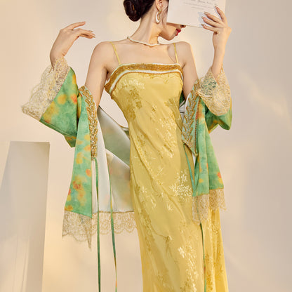 Elegant New Chinese Embroidered Jacquard Cardigan & Strap Dress Set