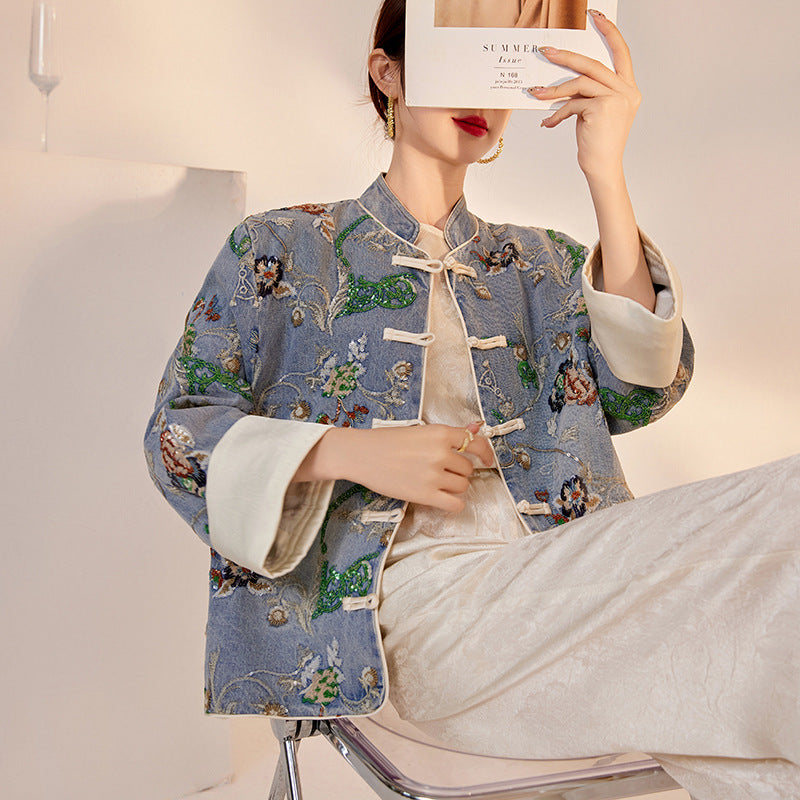 Blue Sequin Embroidered Denim Jacket High-End New Chinese Style