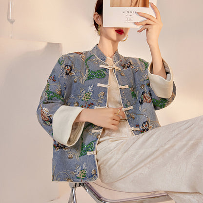 Blue Sequin Embroidered Denim Jacket High-End New Chinese Style