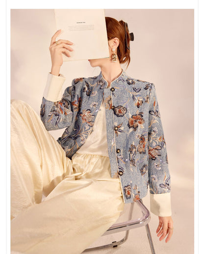 New Chinese Style Denim Jacket | Sequin Embroidery Elegant National Top