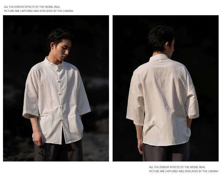 Summer Chinese Cotton Linen Shirt Men Casual Thin Youth Trend Top
