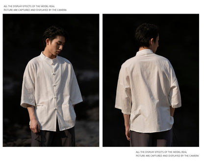 Summer Chinese Cotton Linen Shirt Men Casual Thin Youth Trend Top