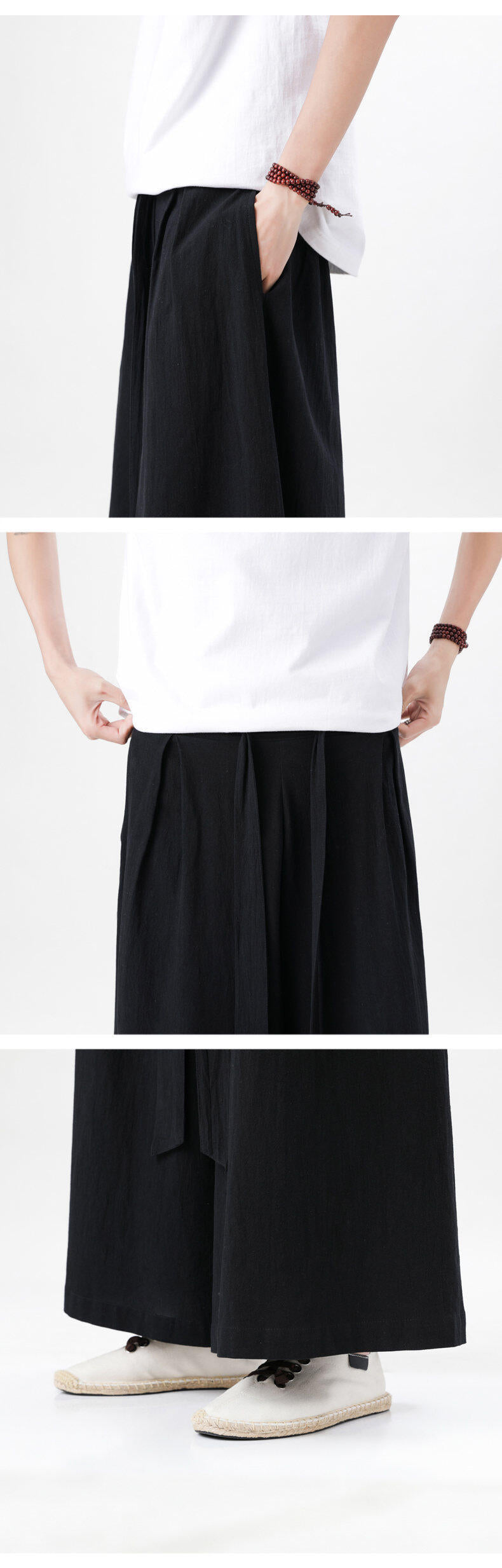Mens Chinese Style Hanfu Linen Nine Point Retro Wide Leg Pants