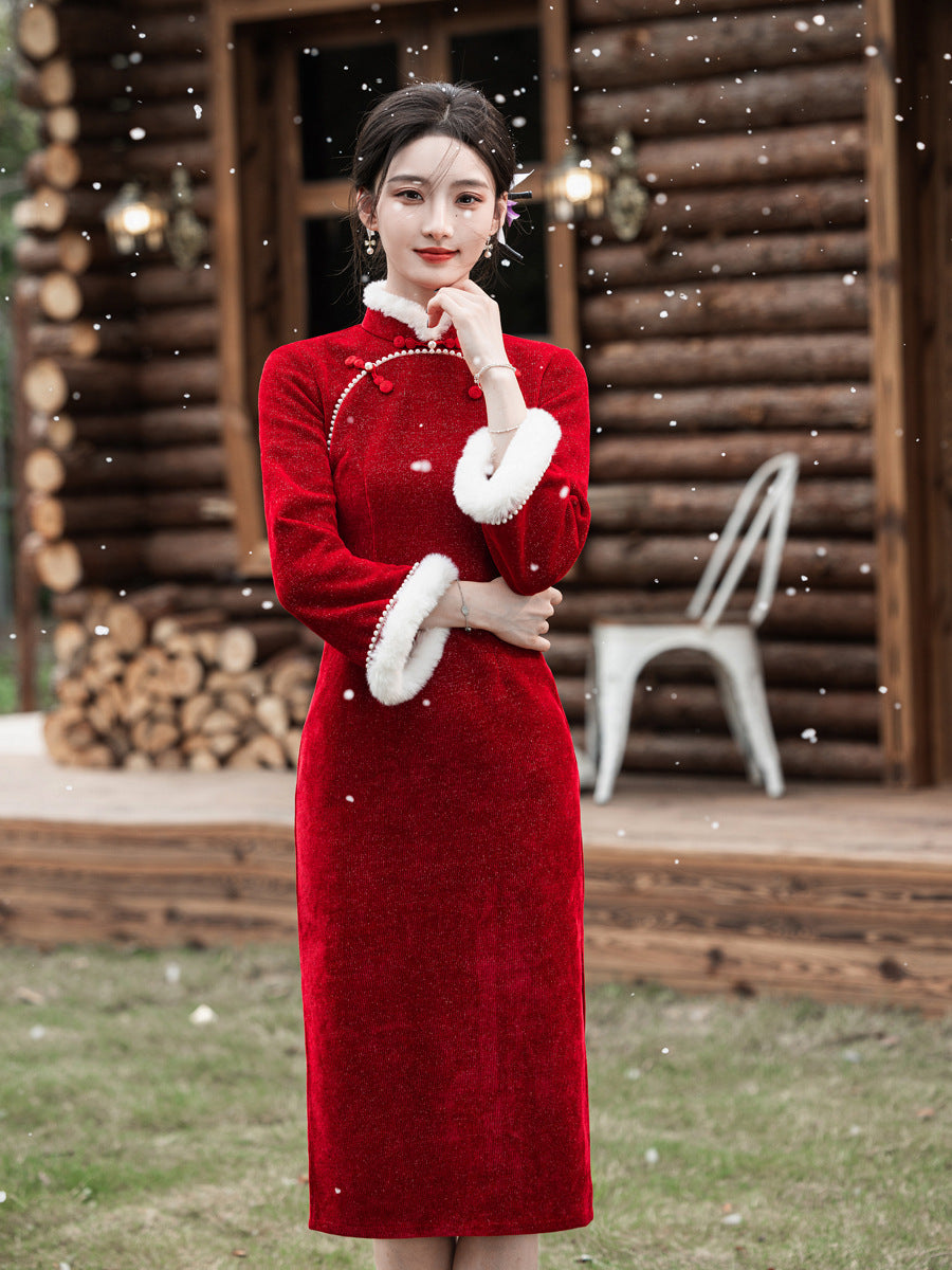 2025 New Improved Qipao – Warm Red High-End Autumn Winter Style