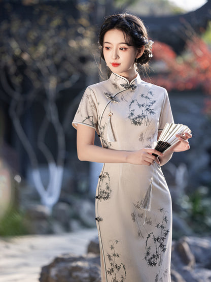 Asymmetrical Long Cheongsam – High-End Elegant Daily Dress