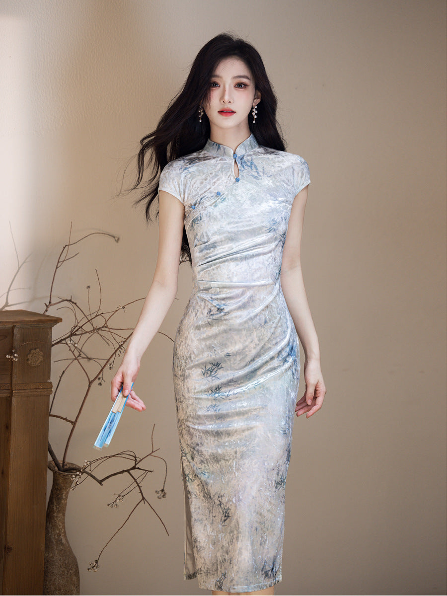 Improved Chinese Style Qipao – Everyday Wear Pink Velvet Dress