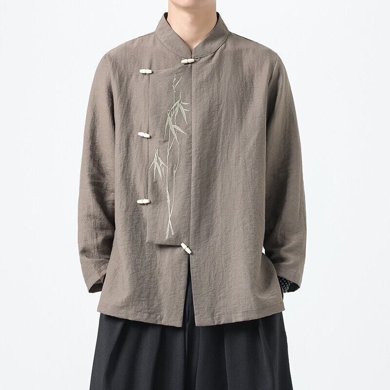 Chinese Style Mens Slanted Collar Hanfu Shirt Long Sleeve Tea Dress