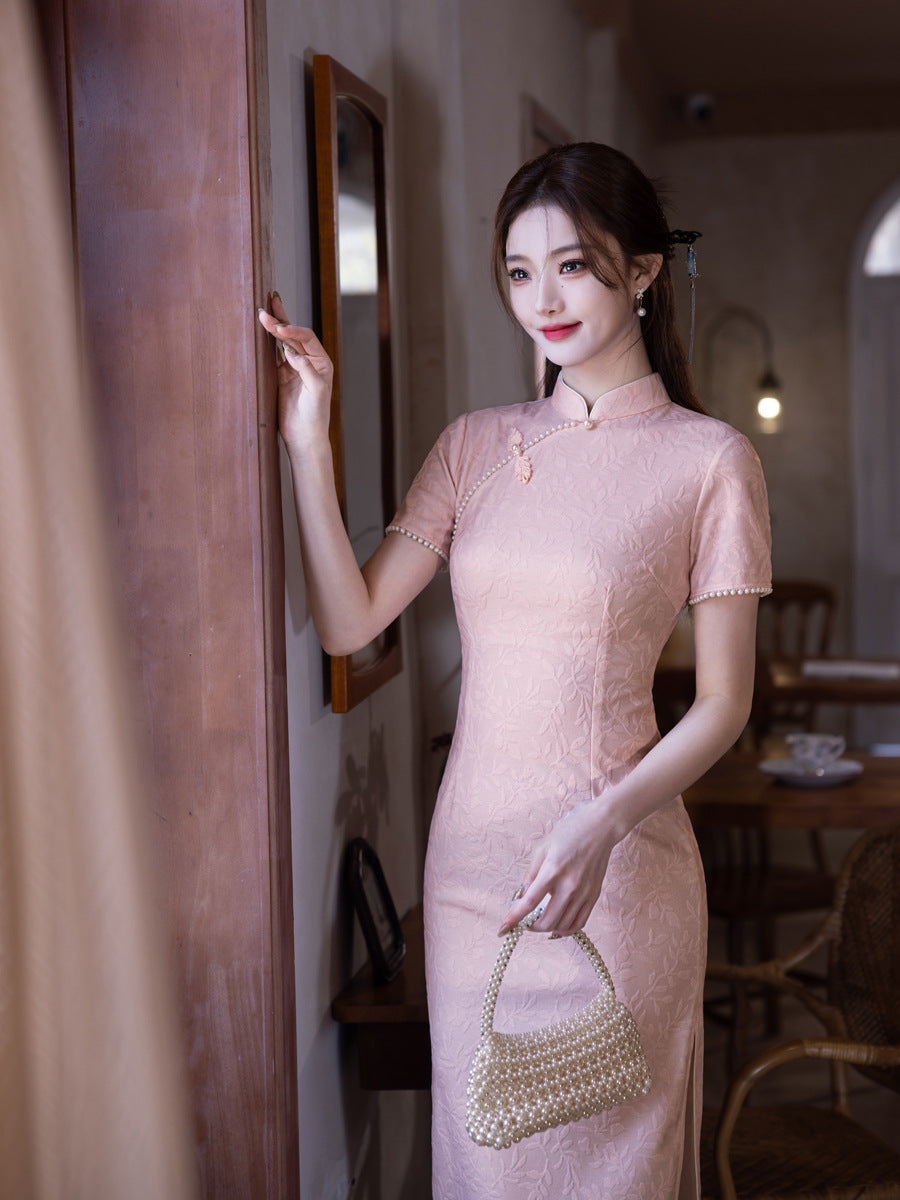 Retro Lace Qipao – Pink Elegant New Chinese Style Dress