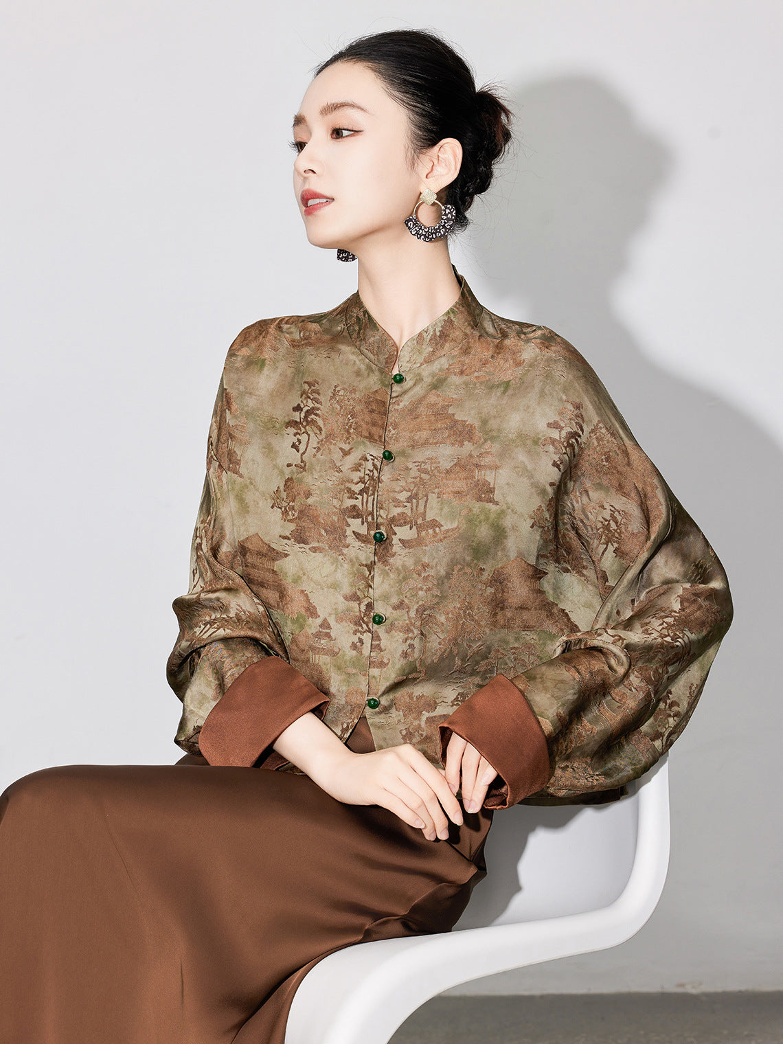 Stylish National Style Jacquard Blouse for Women