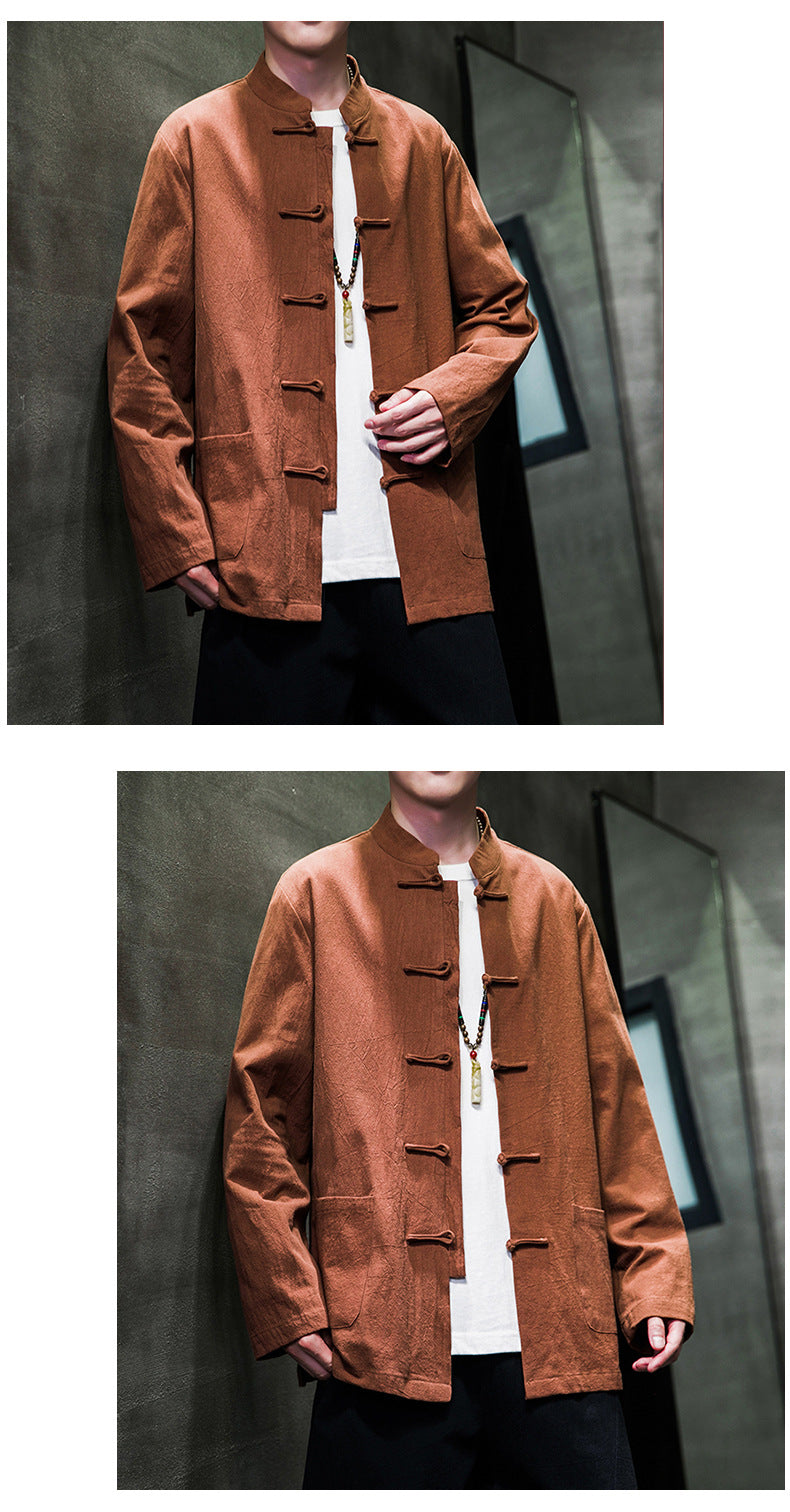 Mens Autumn Chinese Style Hanfu Tang Suit Button Up Cotton Linen Top