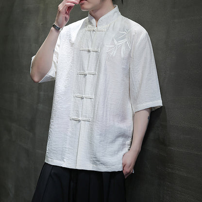 Mens Summer Chinese Embroidered Tang Shirt Hanfu Jushi Suit