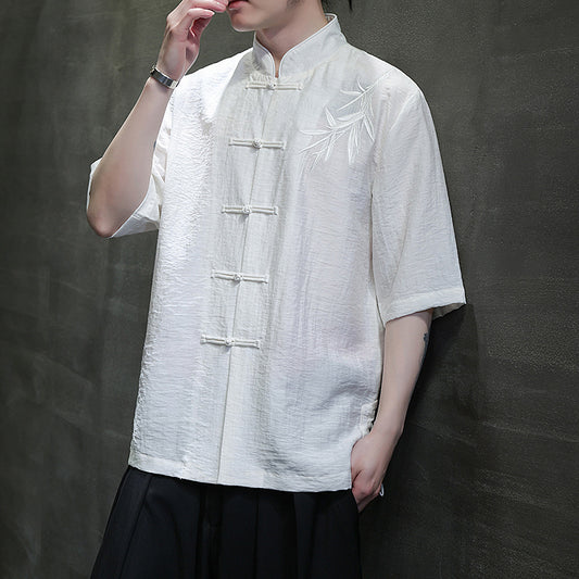 Mens Summer Chinese Embroidered Tang Shirt Hanfu Jushi Suit