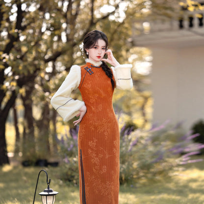 2025 Winter Chenille Fleece Long Cheongsam Patchwork New Chinese Style