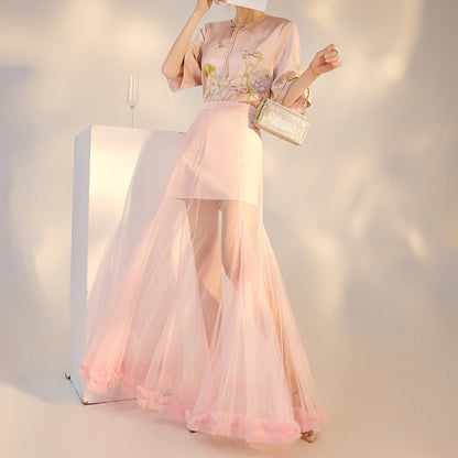 Summer New Chinese Style Embroidered Printed Top and Skirt Set