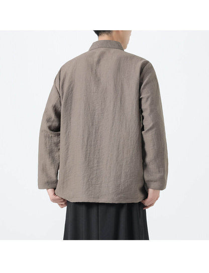 Chinese Style Mens Slanted Collar Hanfu Shirt Long Sleeve Tea Dress