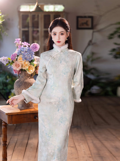 Elegant Satin Beaded Winter Qipao | Fleece-Lined Thickened Long Dress