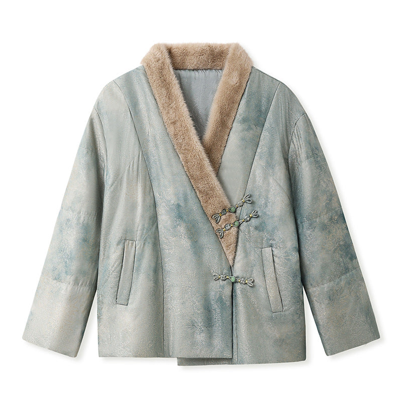 New Chinese Style Feather Collar Embroidered Cotton Jacket for Women