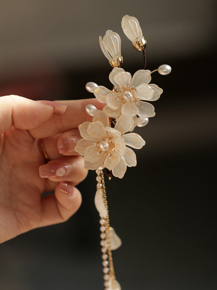Orchid tassel headdress with side clips and new Chinese flower hairpins