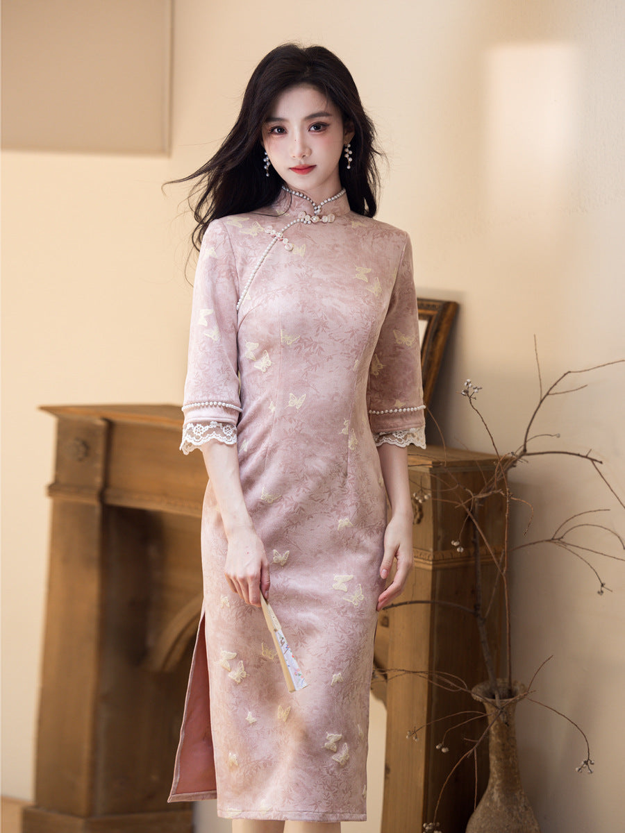 Republic of China Style Pink Cheongsam – Autumn Youth Dress