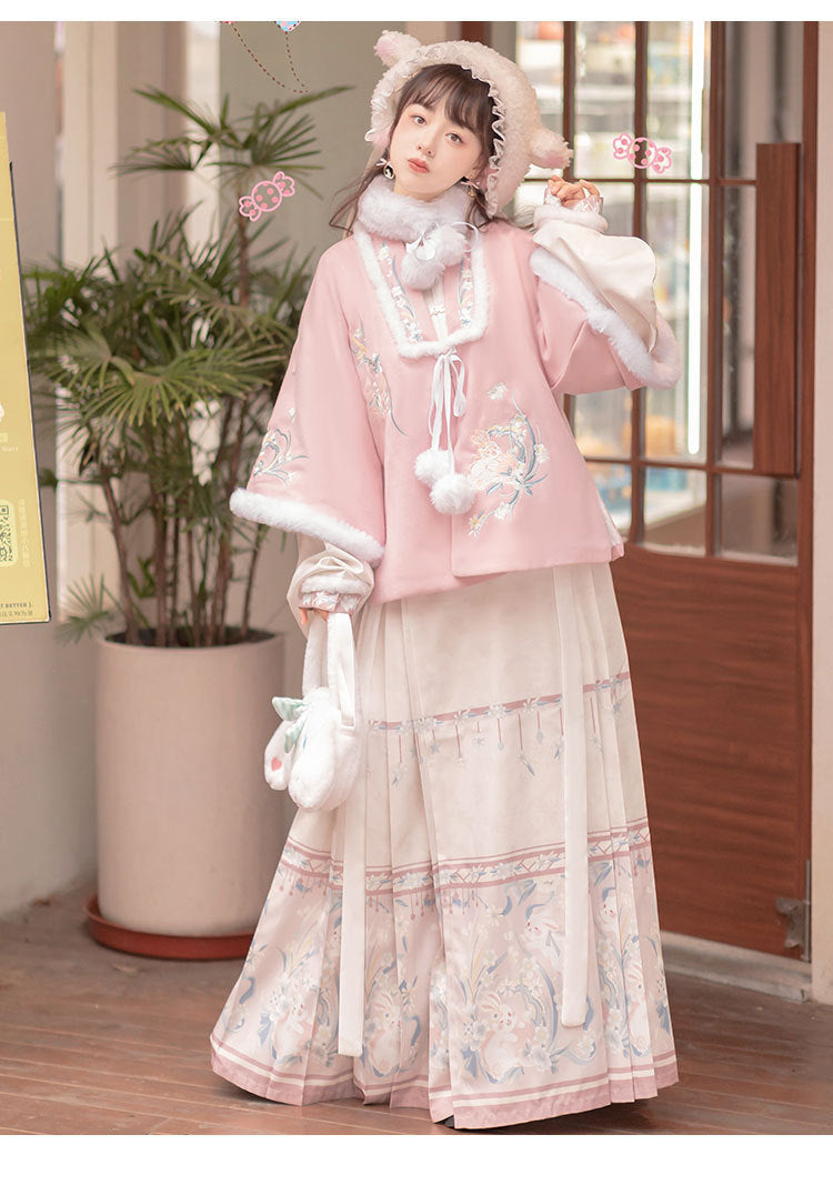 Trees of Sea Women Ming Hanfu Set: Fleece Lined Embroidered Collared Jacket & Horse Face Skirt New Year Outfit