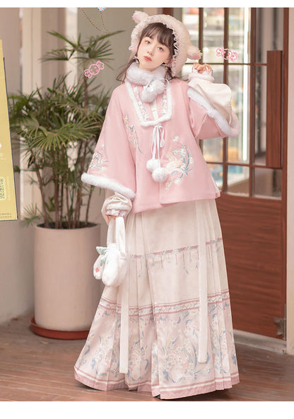 Trees of Sea Women Ming Hanfu Set: Fleece Lined Embroidered Collared Jacket & Horse Face Skirt New Year Outfit