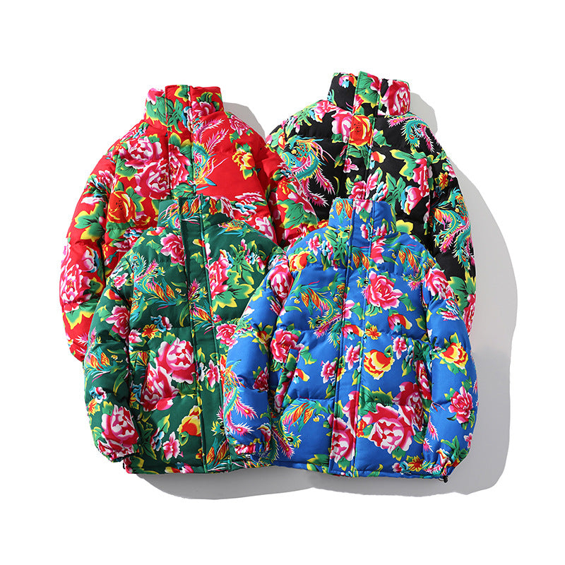 Festive Northeast Large Floral Cotton Jacket Loose Winter Coat