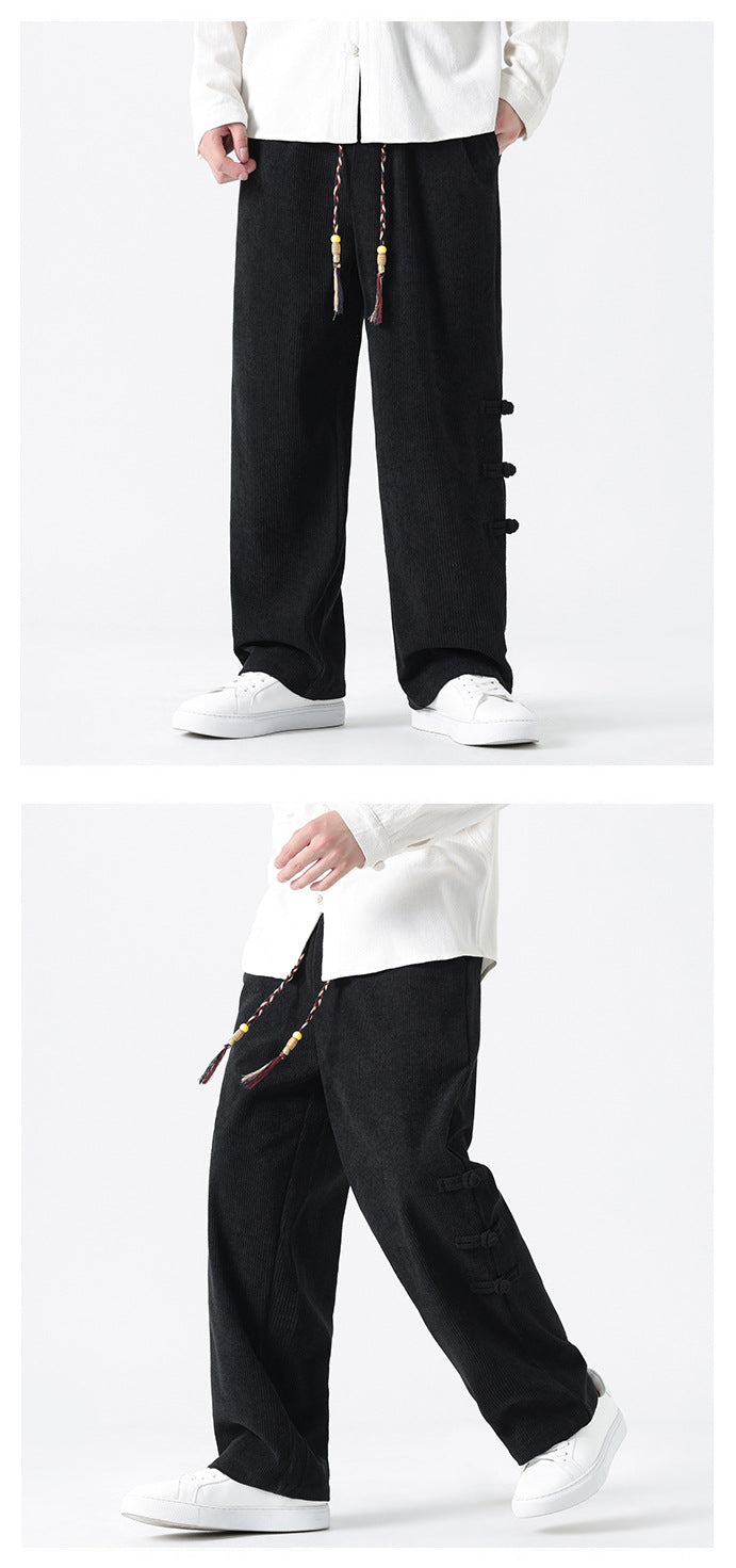 Chinese Style Mens Button Corduroy Pants Large Size Casual Sweatpants