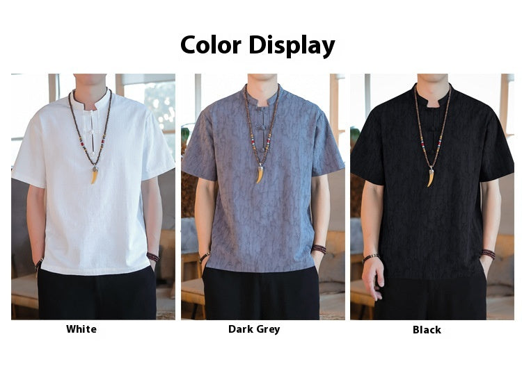 Chinese Style Mens Cotton Linen Tang Suit Short Sleeve Casual T Shirt