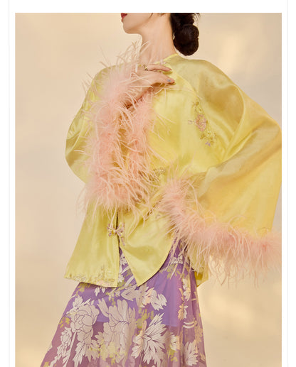 New Chinese Embroidered Feather Sleeve Patchwork Top & Skirt Set