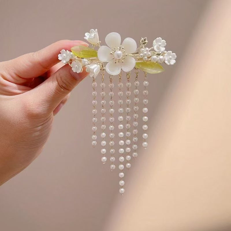 Blue Enamel Hair Clip Chinese Style Pearl Tassel Butterfly Hairpin