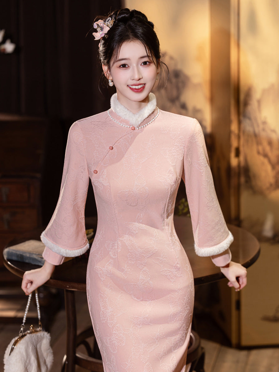 Elegant Thickened Winter Cheongsam – Retro Chinese Style Dress